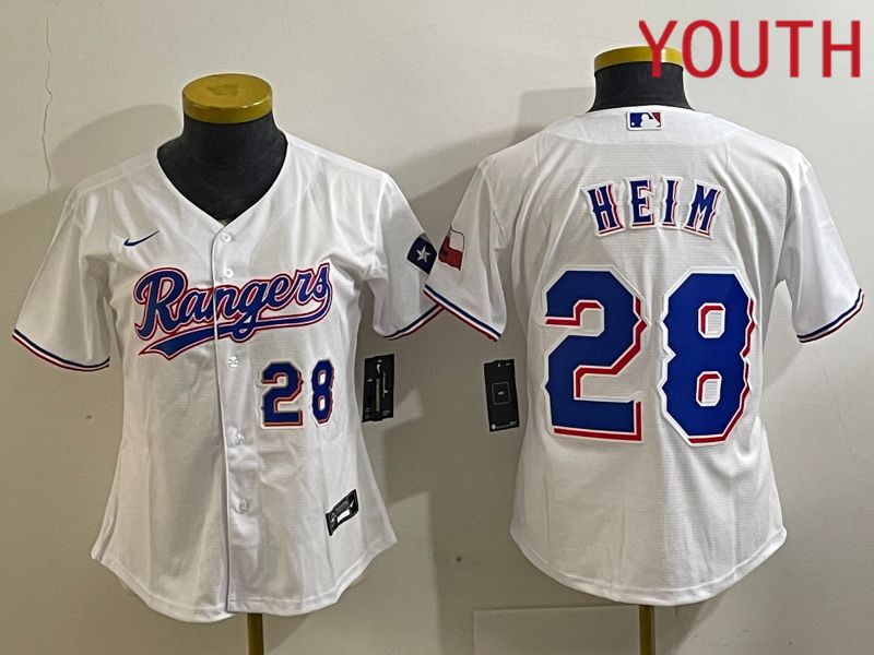 Youth Texas Rangers 28 Heim White Nike Game 2024 MLB Jersey style 2